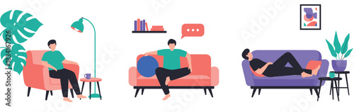 People relaxing at home vector illustration set showing modern living room interiors with sofas plants and leisure scenes