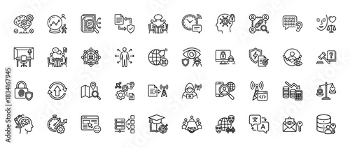 Technology and data security line icon set. Vector pictograms of machine learning, blockchain, privacy, and cyber protection, thin outline illustration.
