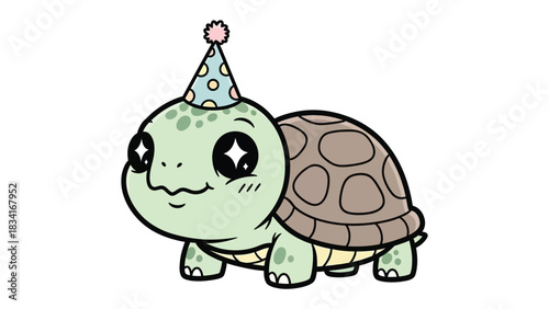 Festive Tortoise Celebration: A charming cartoon tortoise donning a festive birthday hat, exuding a playful vibe, ideal for celebratory events.
