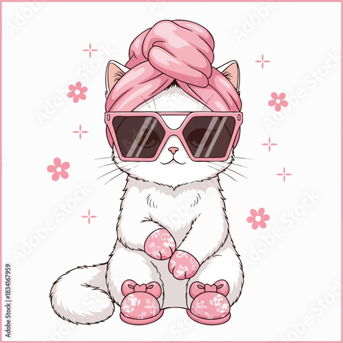 Cartoon cat wearing sunglasses, a pink towel on its head, and spa slippers. Cute kitty relaxing in spa or salon. Funny cartoon illustration