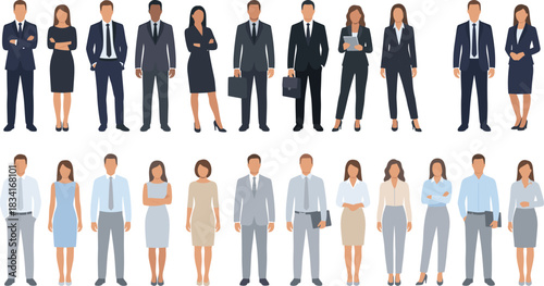 Large collection of diverse professional business people, male and female figures in formal and smart casual corporate attire, various standing poses, detailed vector illustration set for commercial 