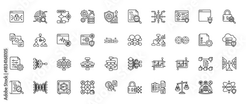 Software development and cybersecurity line icon set. Vector pictograms of bug, data flow, firewall, and devops, thin outline illustration.