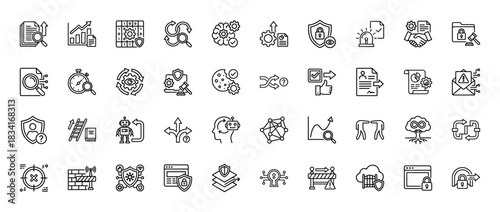 Cyber security and analytics line icon set. Vector pictograms of shield, firewall, robot, brain, gear, chart, cloud, lock and data protection. Thin outline illustration.