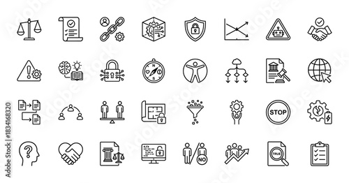 Law, technology, and security line icon set. vector pictograms of justice scales, data flow, balance, and locked documents, thin outline illustration.