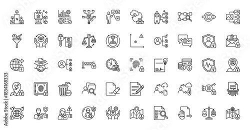 Data security and privacy line icon set. Vector pictograms of authentication, encryption, protection, and restricted access, thin outline illustration.