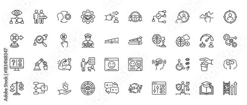 Business and artificial intelligence line icon set. Vector pictograms of decision-making, automation, integration, and performance, thin outline illustration.