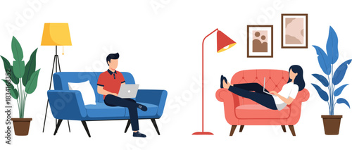 People relaxing with laptop at home vector illustration set showing remote work leisure and cozy living room scenes