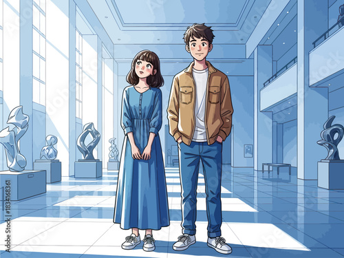 Young couple in a modern art gallery admiring sculptures in natural light