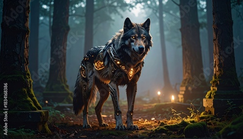 Armored Wolf in Mystical Forest with Fantasy Creature Portrait.