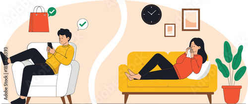 People relaxing with smartphone at home vector illustration set showing online shopping social media and calm lifestyle
