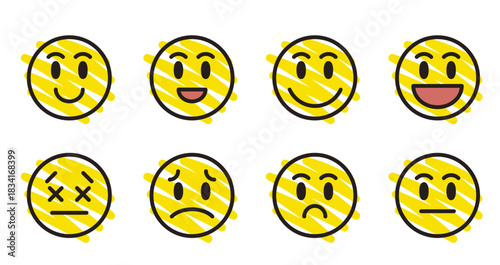 いろんな表情の顔。落書き風のスマイル。ポジティブやネガティブ、ノーマルの表情。
