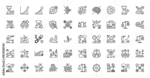 Business and risk management line icon set. Vector pictograms of hourglass, growth, gears, brain, security shield, and scales, thin outline illustration.