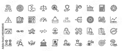 Business and risk management line icon set. Vector pictograms of strategy, planning, analytics, and security, thin outline illustration.
