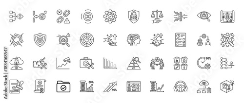 Technology and development line icon set. Vector pictograms of security, quality assurance, analysis, and process flow, thin outline illustration.