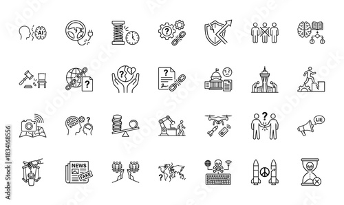 Geopolitical, social, and technological risk line icon set. Vector pictograms of misinformation, conflict, AI, and global security, thin outline illustration.