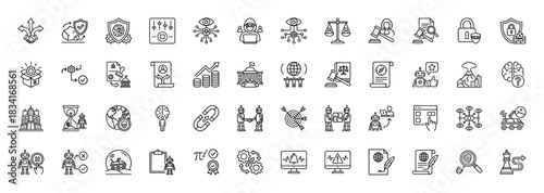 Artificial intelligence and machine learning line icon set. Vector pictograms of decision making, cybersecurity, algorithms, and future technology, thin outline illustration.