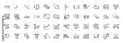Business and abstract concept line icon set. Vector pictograms of teamwork, strategy, growth, and risk, thin outline illustration.