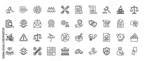 Justice and governance line icon set. Vector pictograms of gavel, scale, congress, legal document, and vote, thin outline illustration.