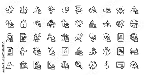Artificial intelligence and legal compliance line icon set. Vector pictograms of robotics, justice, security, and regulation, thin outline illustration.