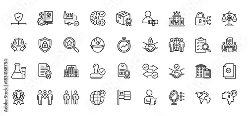 Quality assurance and corporate governance line icon set. Vector pictograms of checklist, badge, stamp, security, and handshake, thin outline illustration.