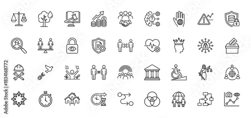 Human rights and social justice line icon set. Vector pictograms of legal scales, security, equality, and teamwork, thin outline illustration.