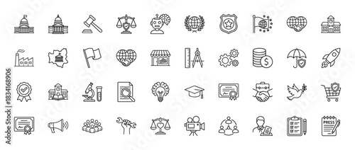 Government, education, business, and justice line icon set. Vector pictograms of capitol, factory, diploma, and balance, thin outline illustration.