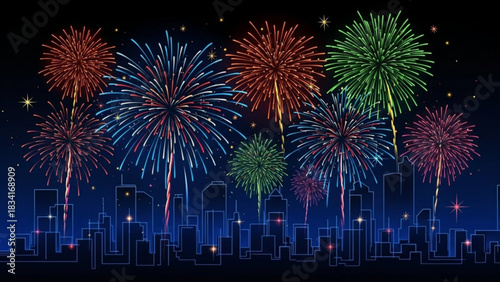 Vibrant fireworks explode in the night sky above a stylized city skyline creating a festive and celebratory atmosphere for holidays and special events