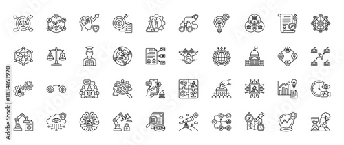 Business and legal services line icon set. Vector pictograms of research, finance, science, and governance, thin outline illustration.