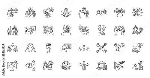 Artificial intelligence and ethics line icon set. Vector pictograms of machine learning, robot interaction, and moral dilemmas, thin outline illustration.