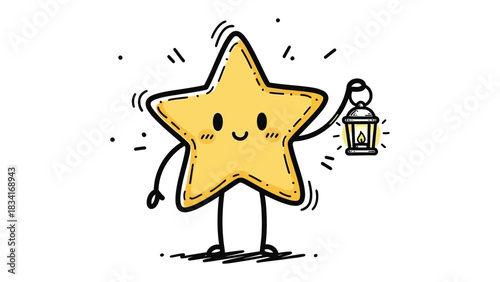Shining Celestial Body with Lamp: A whimsical, smiling star character cheerfully holds a lantern emitting a warm light, spreading joy and guidance.