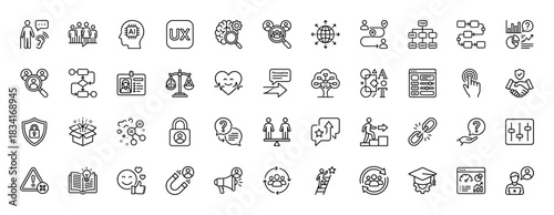 Business management and human resources line icon set. Vector pictograms of team, recruitment, ai, strategy, analytics, ux and career, thin outline illustration.