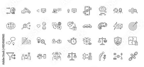 Business and technology line icon set. Vector pictograms of dialogue management, communication, idea, target, and security, thin outline illustration.