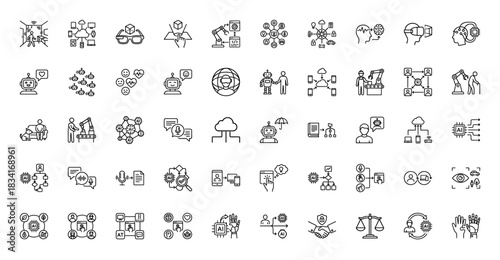 Artificial intelligence and machine learning line icon set. Vector pictograms of robotics, vr headset, neural network, and data, thin outline illustration.