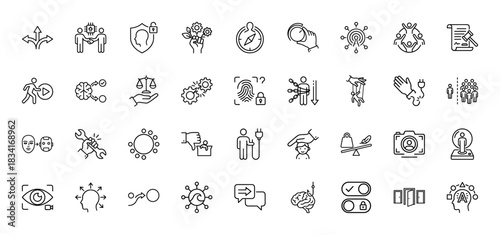 Technology and business line icon set. Vector pictograms of decision making, security, automation, and innovation, thin outline illustration.