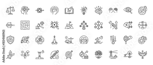 Conceptual personal development and mindfulness line icon set. Vector pictograms of balance, idea, brain, meditation, and growth, thin outline illustration.