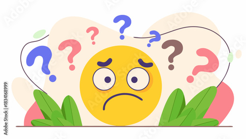 A worried cartoon emoji surrounded by question marks against a soft, colorful background.