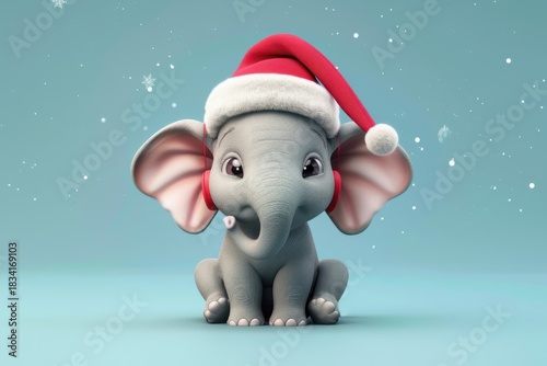 Music-listening elephant in Santa hat stands in snow, made for winter marketing and holiday content needs