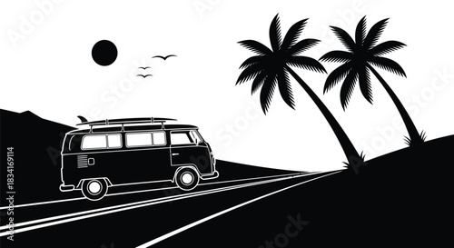 Black and white summer vacation van road trip with palm trees