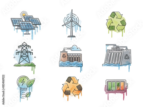 Renewable Energy Sources and Environmental Sustainability Icons