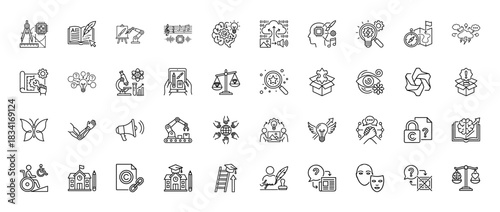 Innovation and intellectual property line icon set. Vector pictograms of copyright, diploma, knowledge, and invention, thin outline illustration.