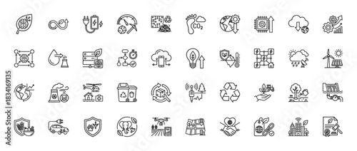 Ecology and sustainability line icon set. Vector pictograms of circular economy, carbon footprint, smart farm, and renewable energy, thin outline illustration.