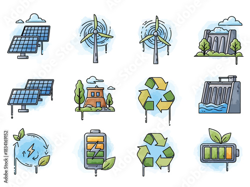 Sustainable energy icons solar, wind, hydro power, and battery storage