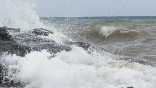Stormy Black Sea Waves Crashing Dark Rocks Closeup
