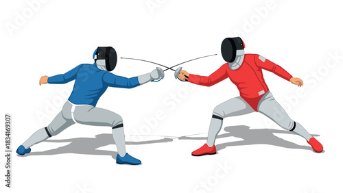 Dynamic fencing competition with two athletes in action pose