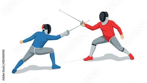 Dynamic fencing duel: two athletes engaged in intense competition