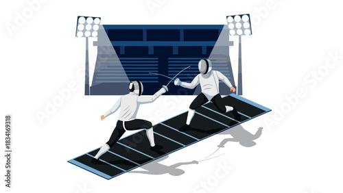 Intense fencing match in modern sports arena with dynamic lighting
