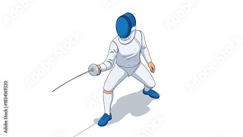 Modern isometric fencing athlete in action with foil mask and uniform