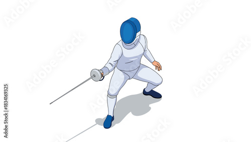Dynamic isometric fencer in action pose with sword and helmet