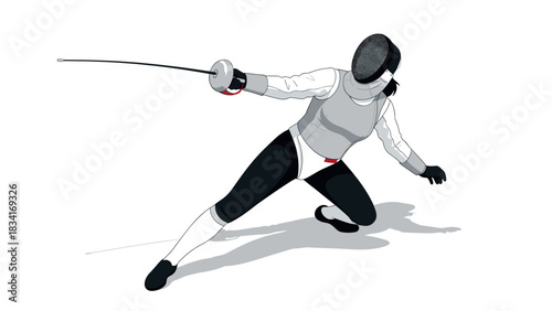 Dynamic fencing pose with sword in motion