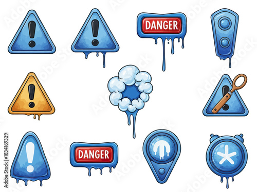 Set of warning and alert signs with a dripping effect, emphasizing danger and caution